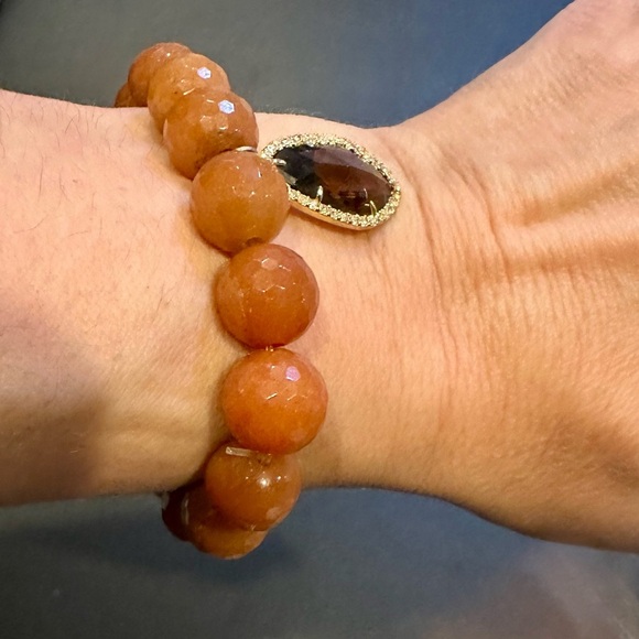 Boutique Brown Faceted Stone Elastic Bracelet Amber Stone Crystal Charm - Picture 3 of 6